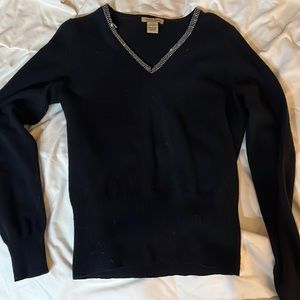 Black cashmere v-neck sweater with rhinestones